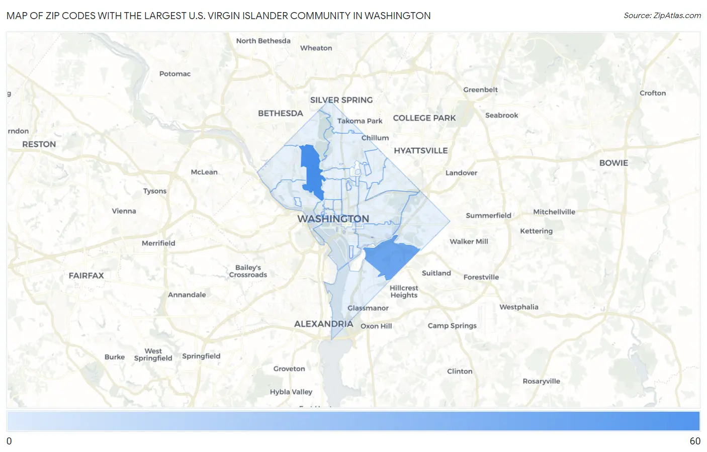 Zip Codes with the Largest U.S. Virgin Islander Community in Washington Map