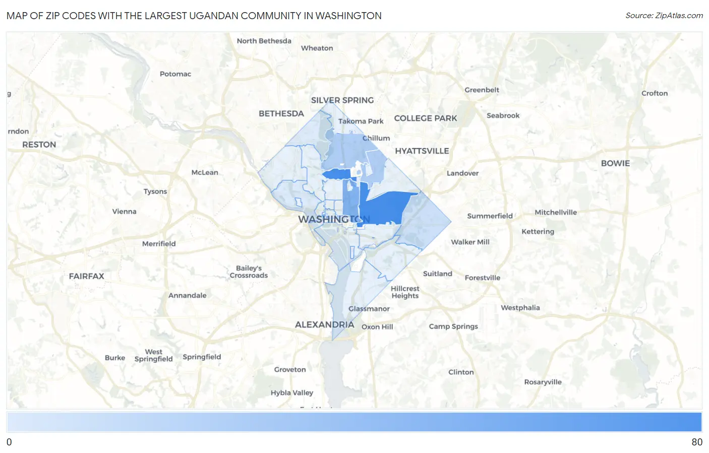 Zip Codes with the Largest Ugandan Community in Washington Map