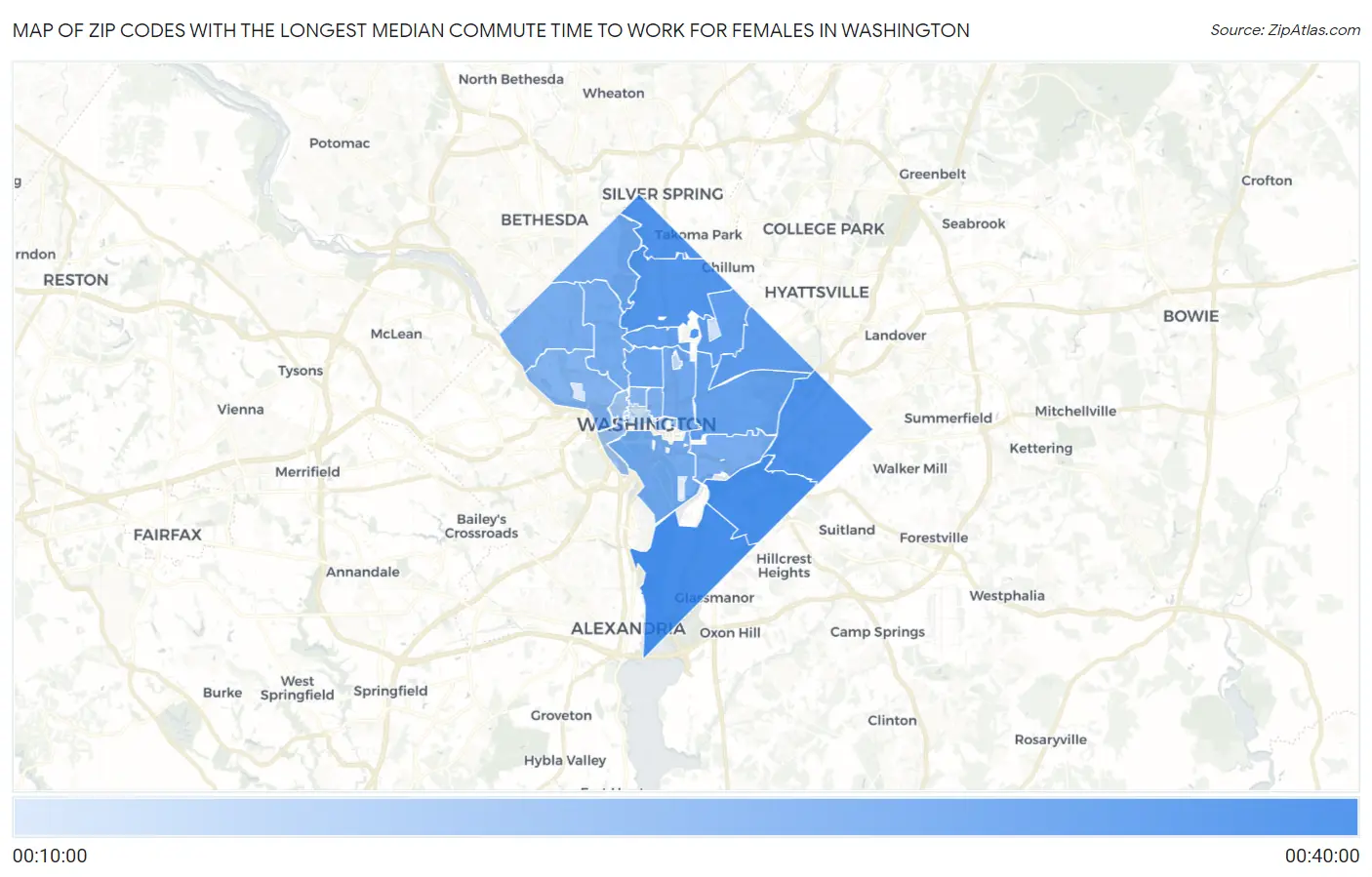 Zip Codes with the Longest Median Commute Time to Work for Females in Washington Map