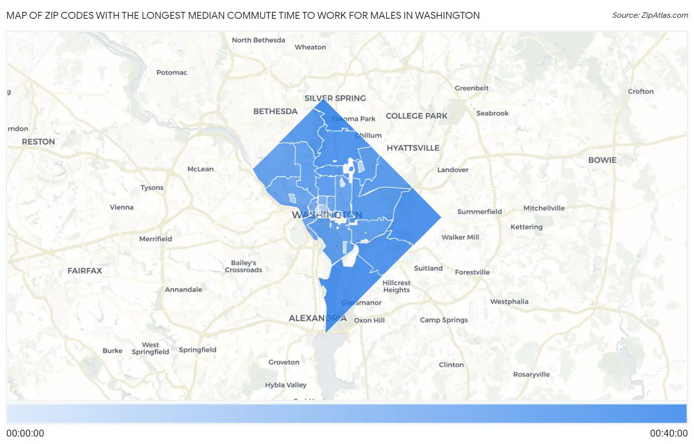 Zip Codes with the Longest Median Commute Time to Work for Males in Washington Map