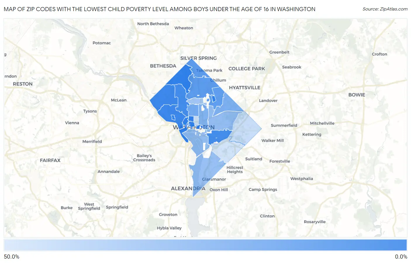 Zip Codes with the Lowest Child Poverty Level Among Boys Under the Age of 16 in Washington Map