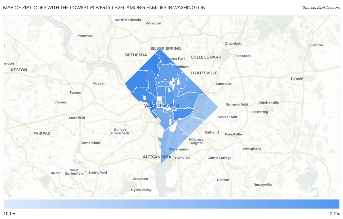Zip Codes with the Lowest Poverty Level Among Families in Washington Map