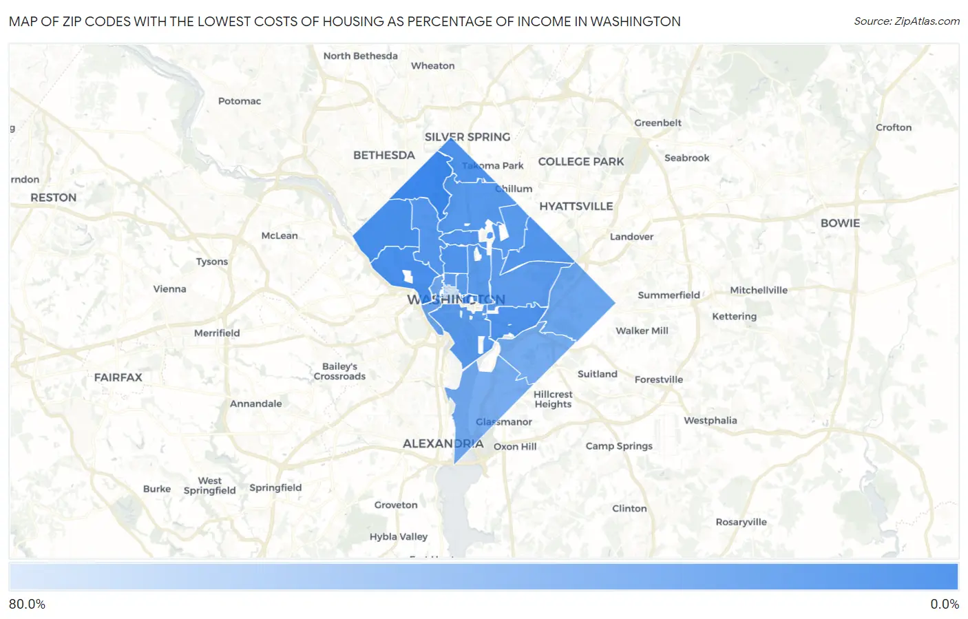Zip Codes with the Lowest Costs of Housing as Percentage of Income in Washington Map