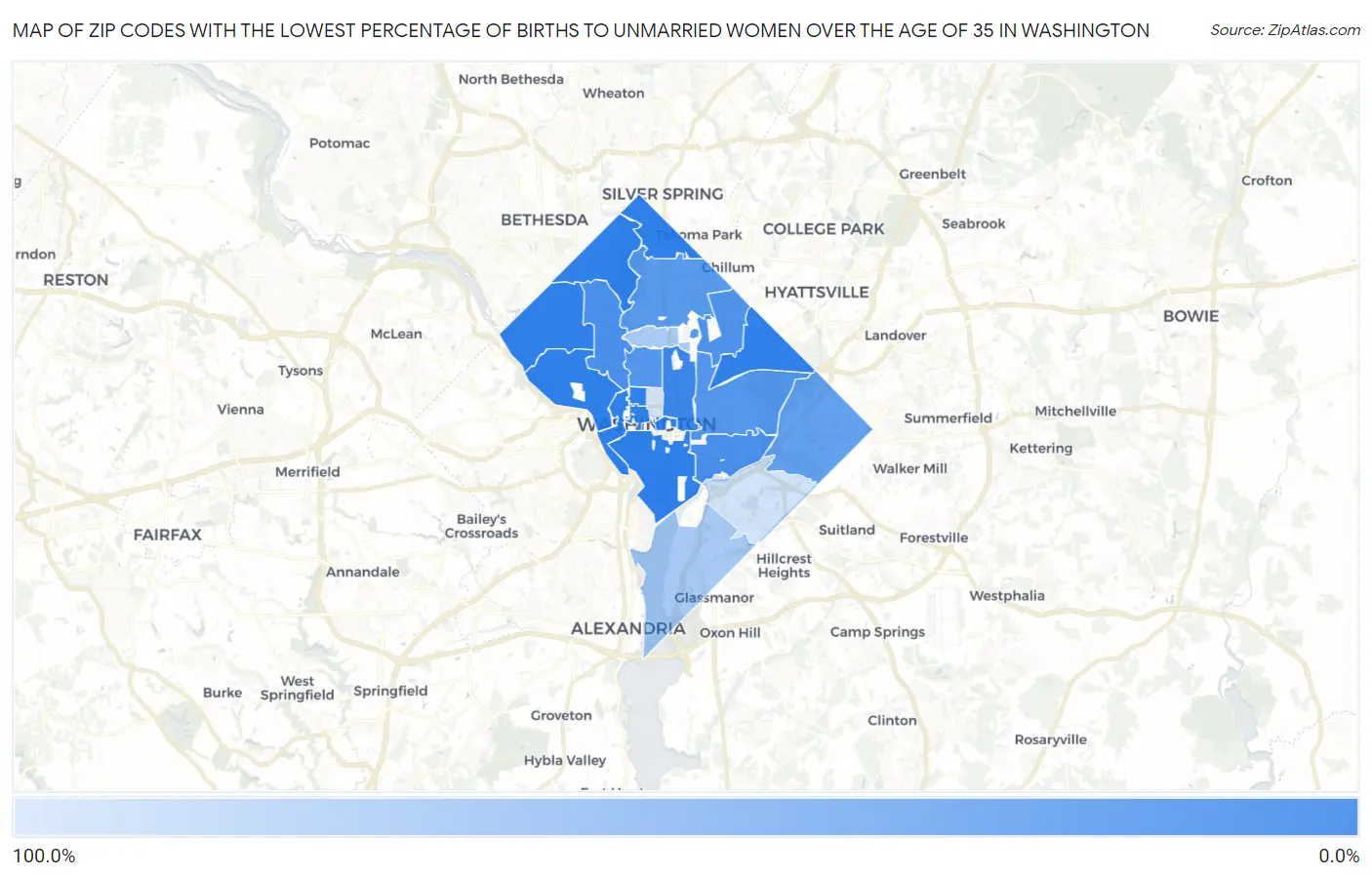 Zip Codes with the Lowest Percentage of Births to Unmarried Women over the Age of 35 in Washington Map