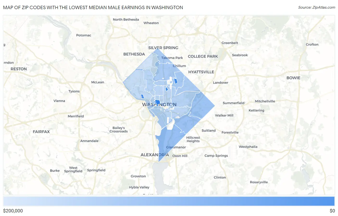 Zip Codes with the Lowest Median Male Earnings in Washington Map