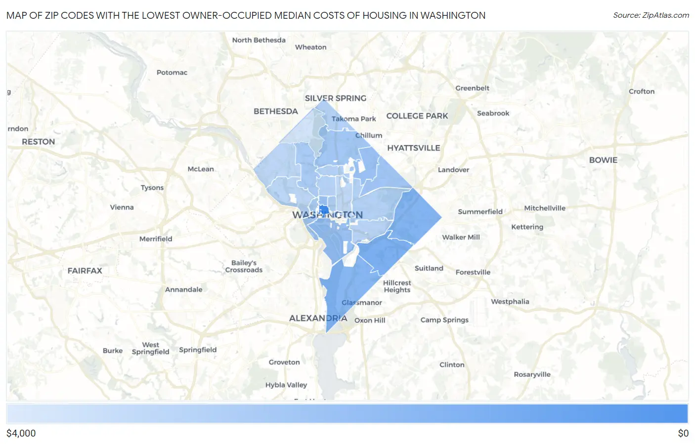 Zip Codes with the Lowest Owner-Occupied Median Costs of Housing in Washington Map