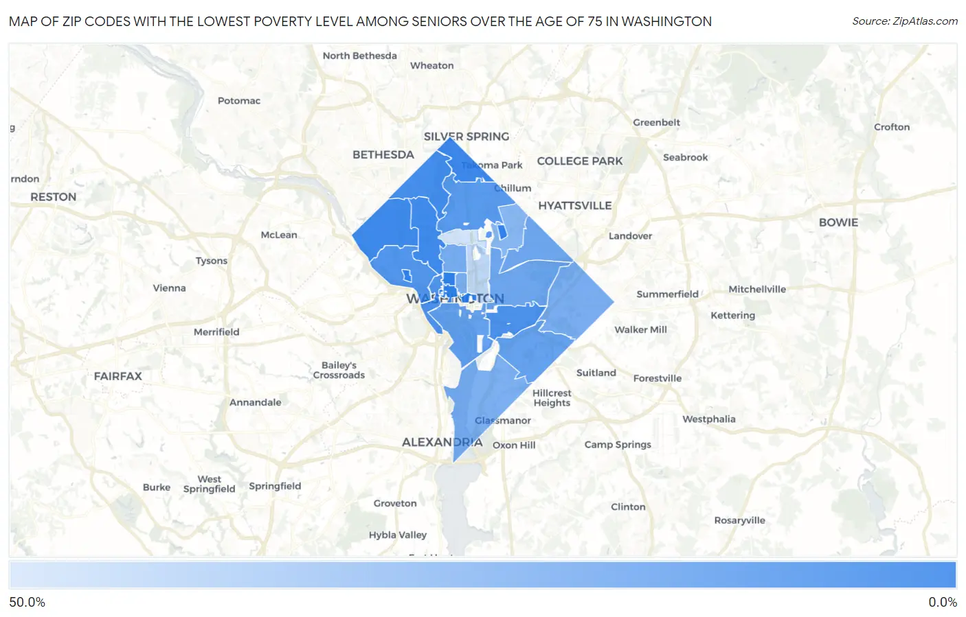 Zip Codes with the Lowest Poverty Level Among Seniors Over the Age of 75 in Washington Map