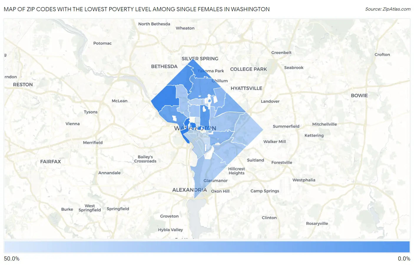 Zip Codes with the Lowest Poverty Level Among Single Females in Washington Map
