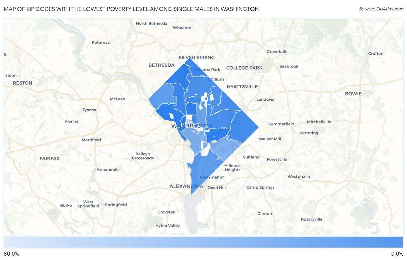 Zip Codes with the Lowest Poverty Level Among Single Males in Washington Map