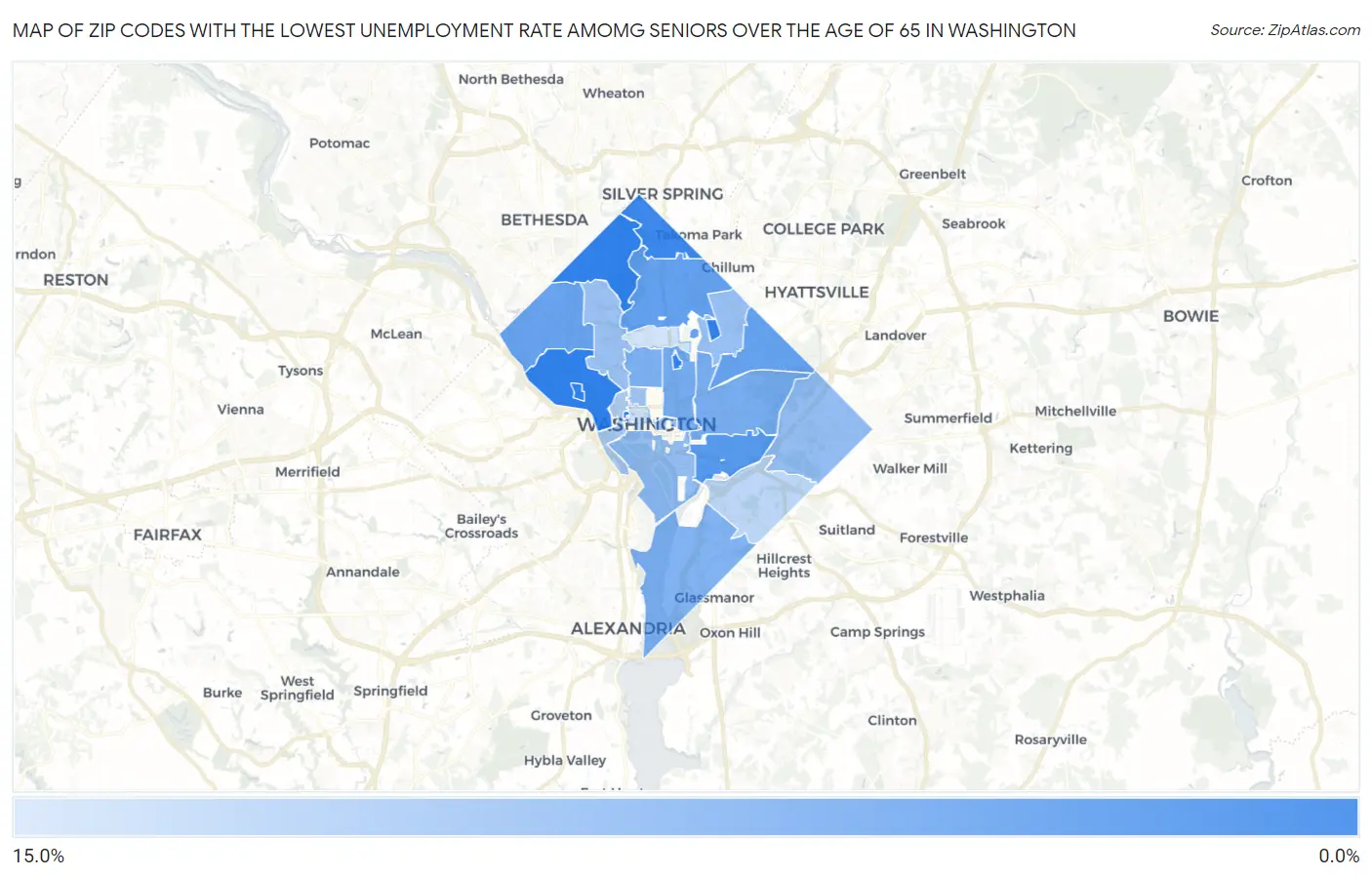 Zip Codes with the Lowest Unemployment Rate Amomg Seniors Over the Age of 65 in Washington Map