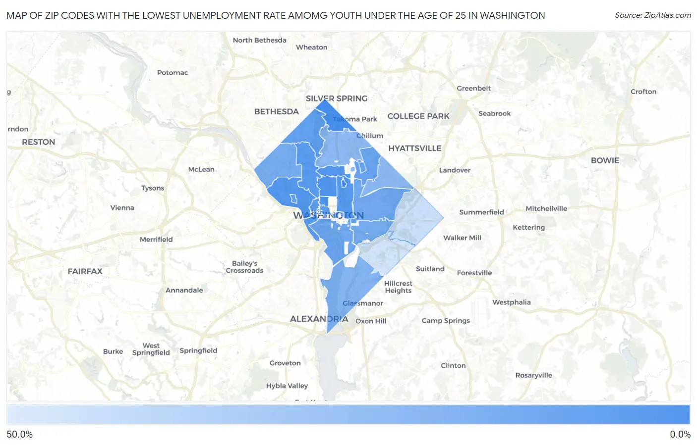 Zip Codes with the Lowest Unemployment Rate Amomg Youth Under the Age of 25 in Washington Map