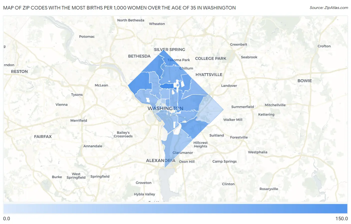Zip Codes with the Most Births per 1,000 Women Over the Age of 35 in Washington Map