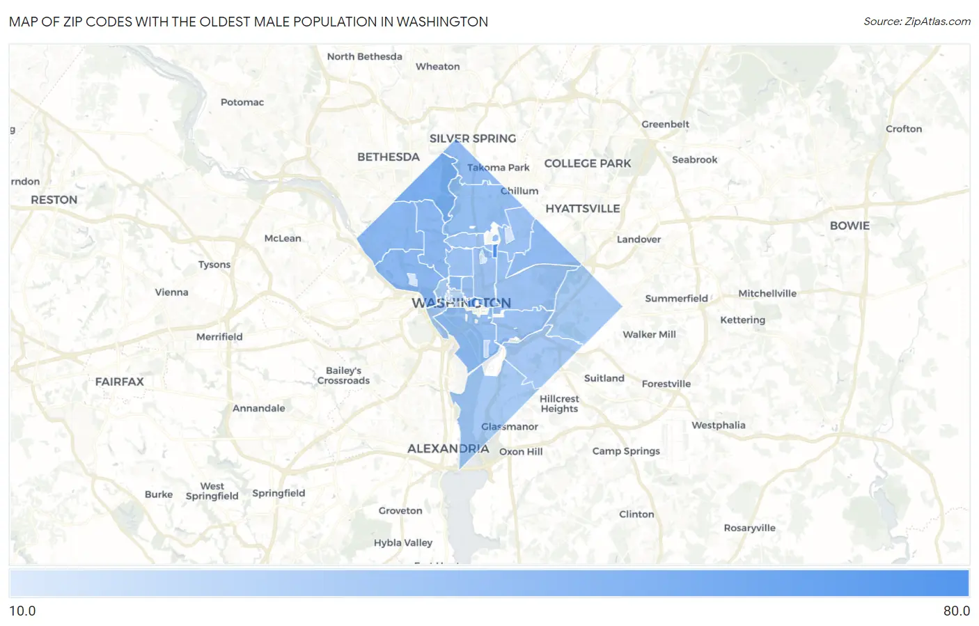 Zip Codes with the Oldest Male Population in Washington Map