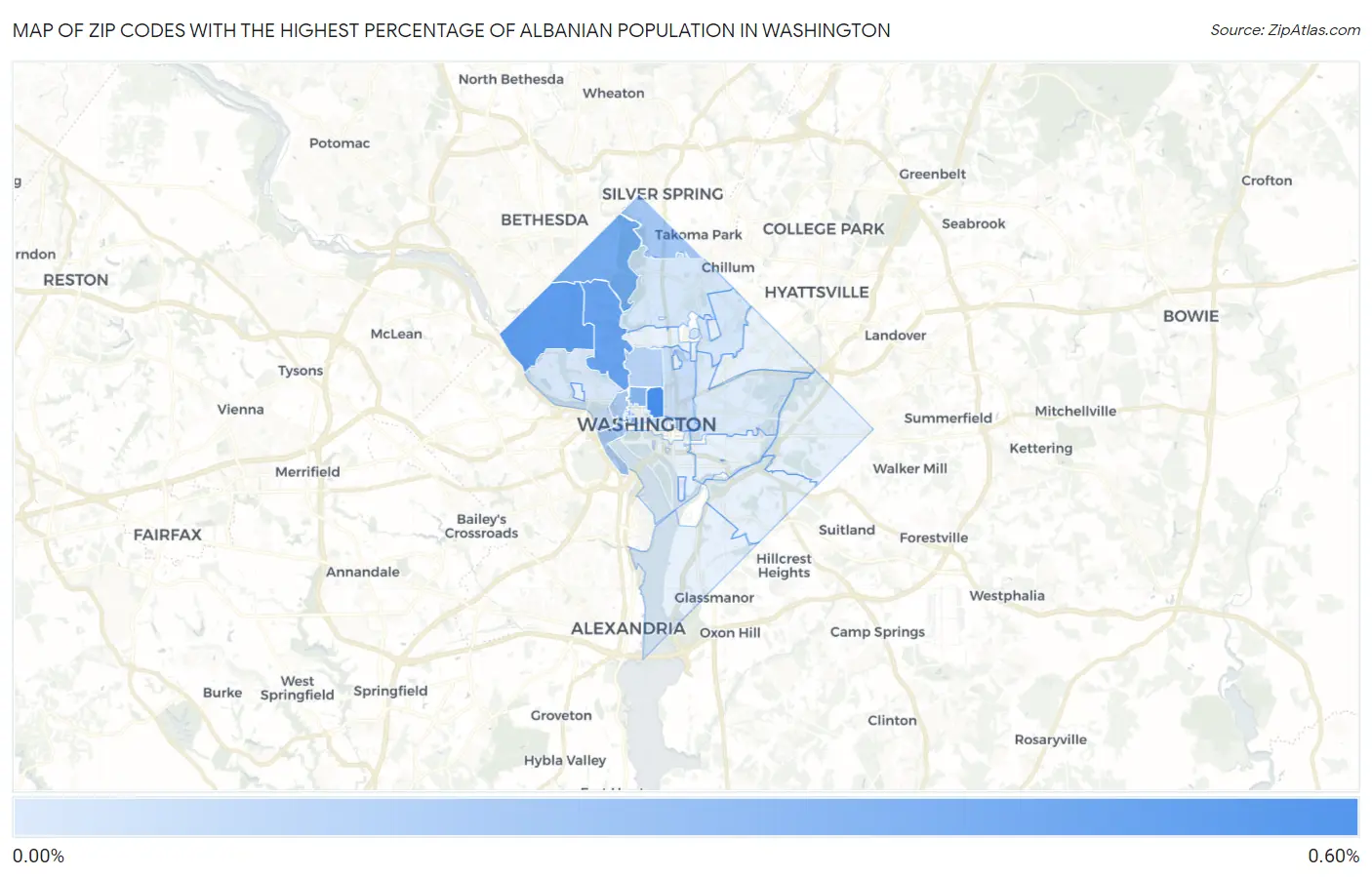 Zip Codes with the Highest Percentage of Albanian Population in Washington Map
