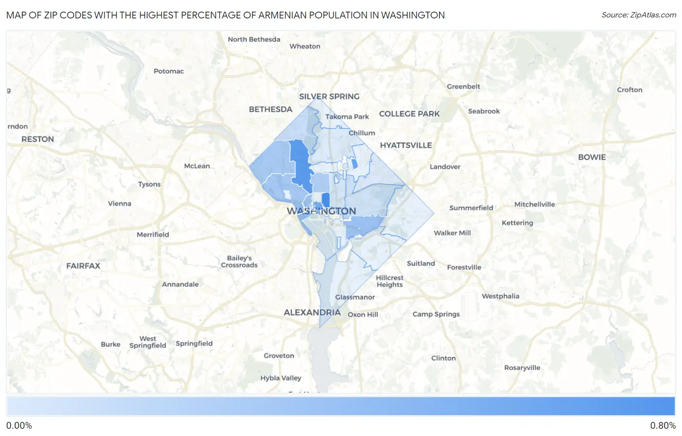 Zip Codes with the Highest Percentage of Armenian Population in Washington Map