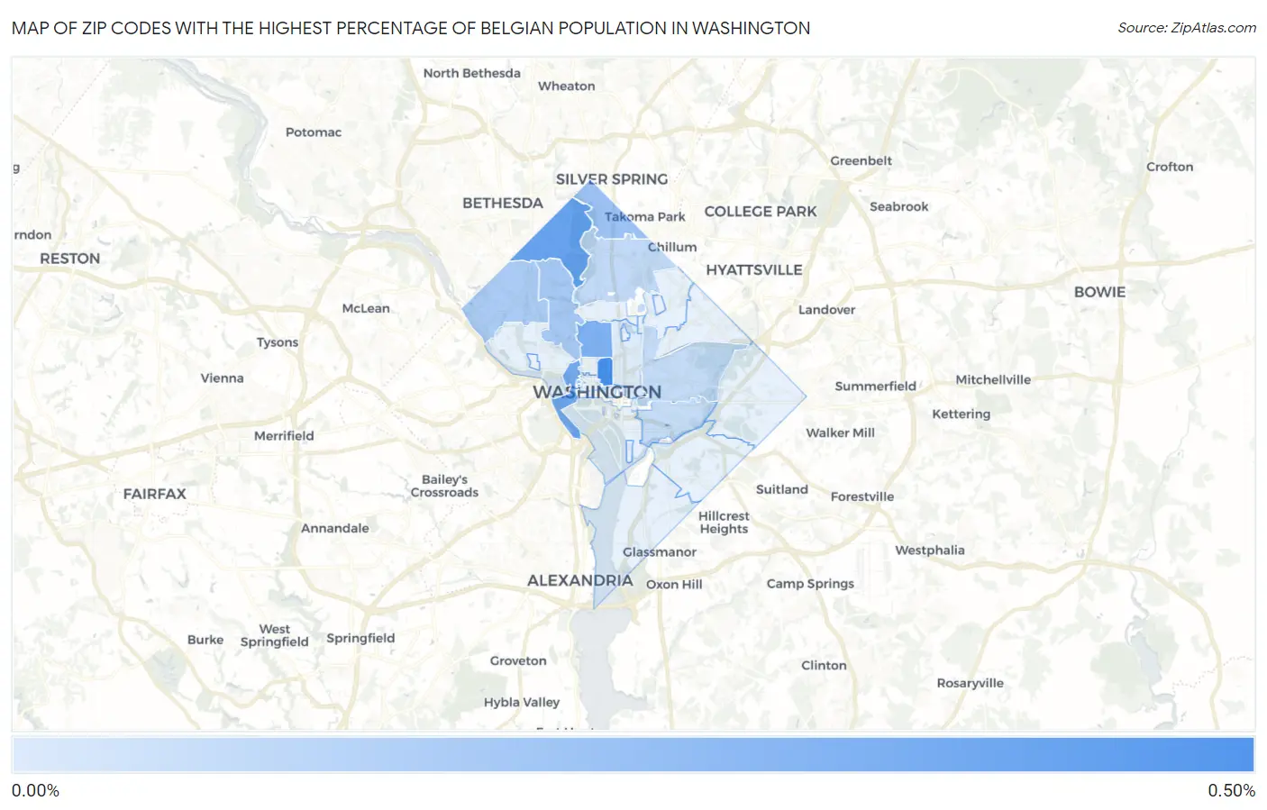 Zip Codes with the Highest Percentage of Belgian Population in Washington Map