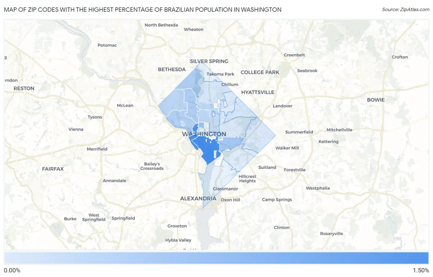 Zip Codes with the Highest Percentage of Brazilian Population in Washington Map