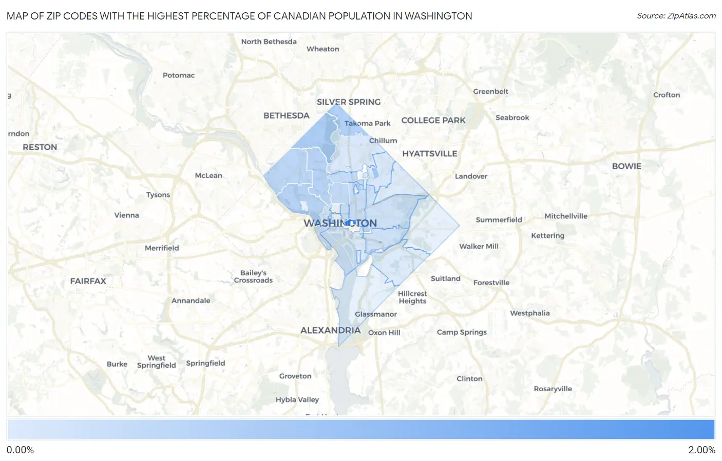 Zip Codes with the Highest Percentage of Canadian Population in Washington Map