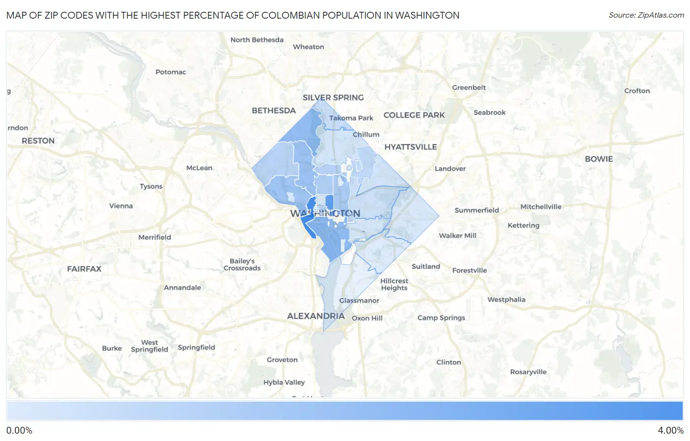 Zip Codes with the Highest Percentage of Colombian Population in Washington Map