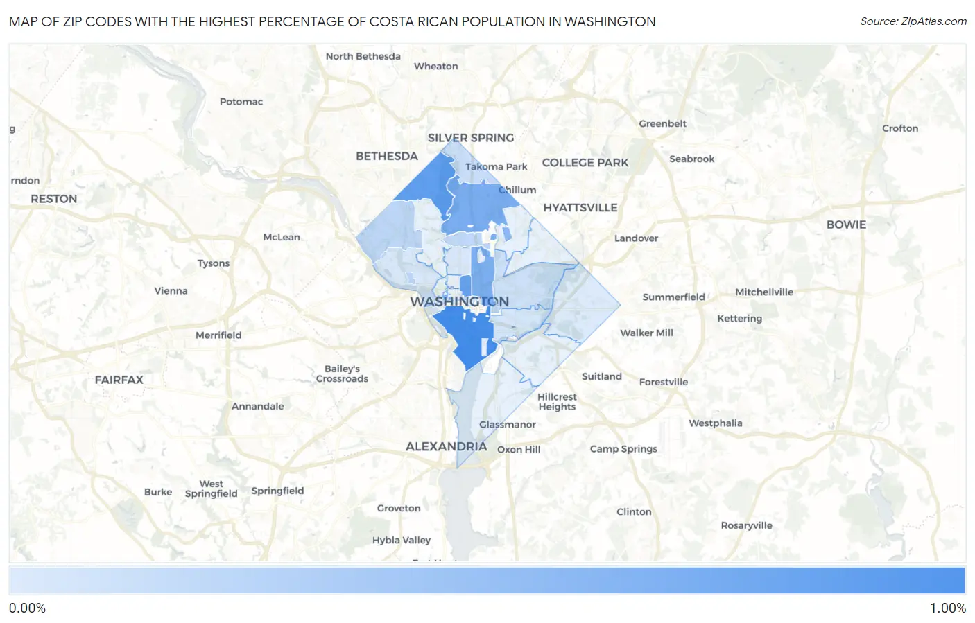 Zip Codes with the Highest Percentage of Costa Rican Population in Washington Map
