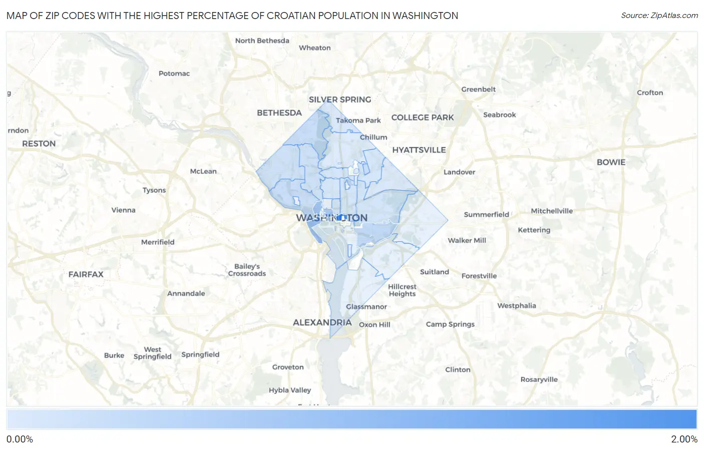 Zip Codes with the Highest Percentage of Croatian Population in Washington Map