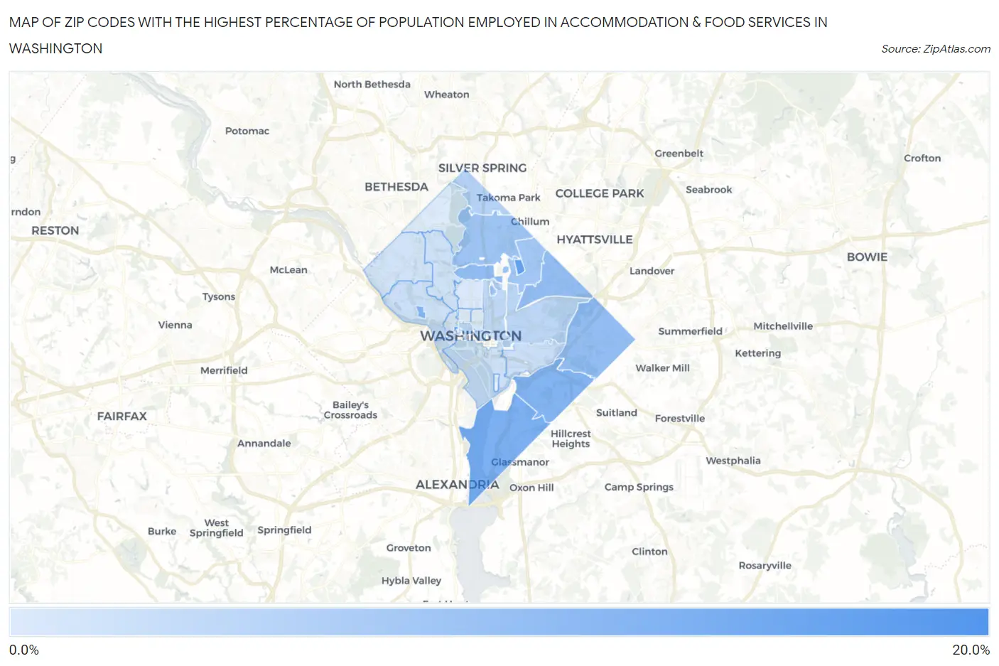 Zip Codes with the Highest Percentage of Population Employed in Accommodation & Food Services in Washington Map