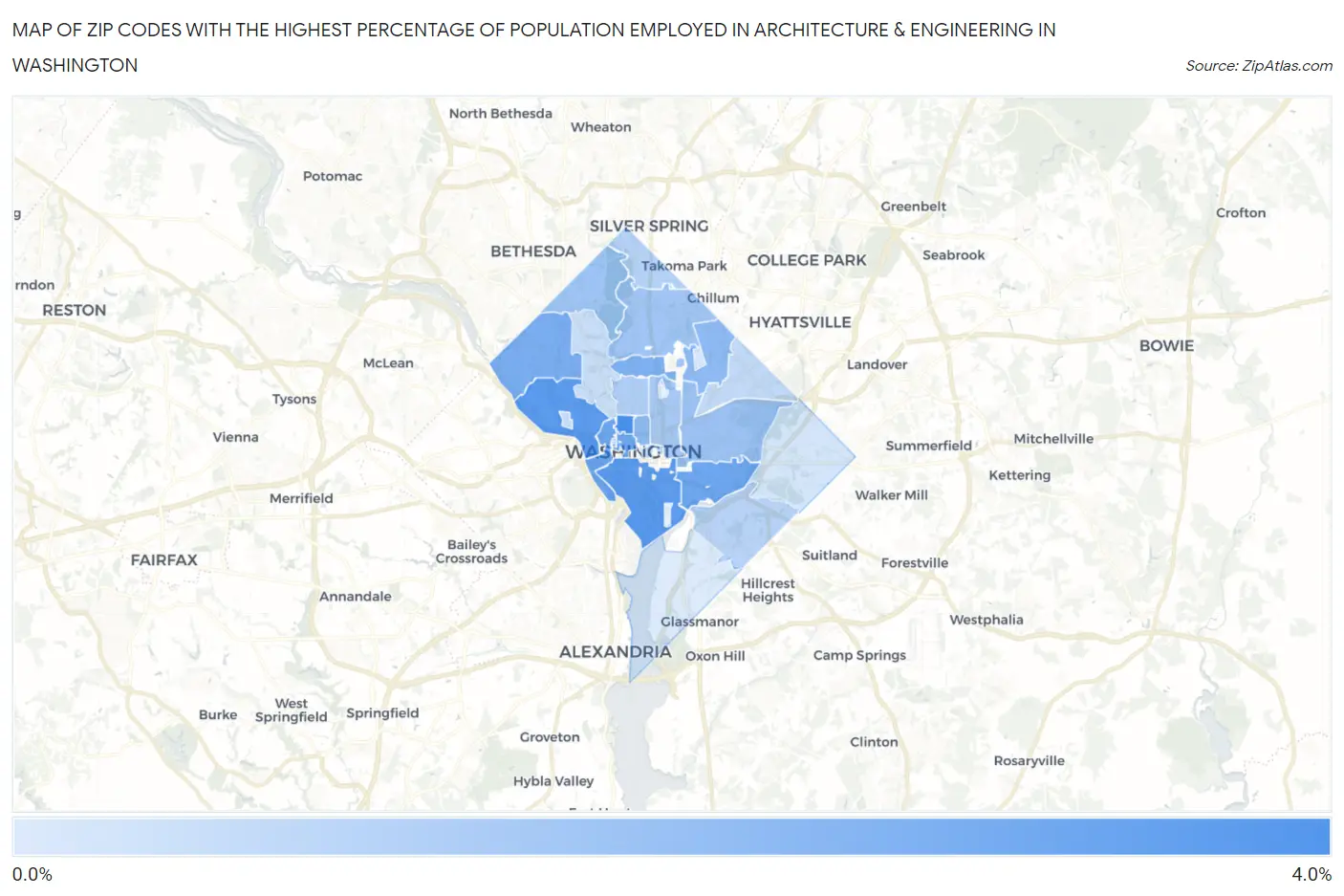 Zip Codes with the Highest Percentage of Population Employed in Architecture & Engineering in Washington Map