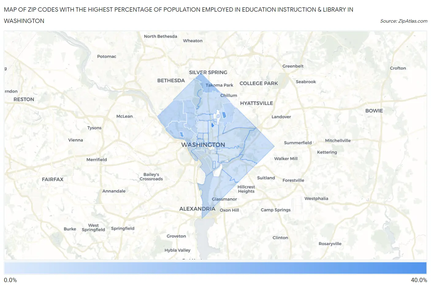 Zip Codes with the Highest Percentage of Population Employed in Education Instruction & Library in Washington Map