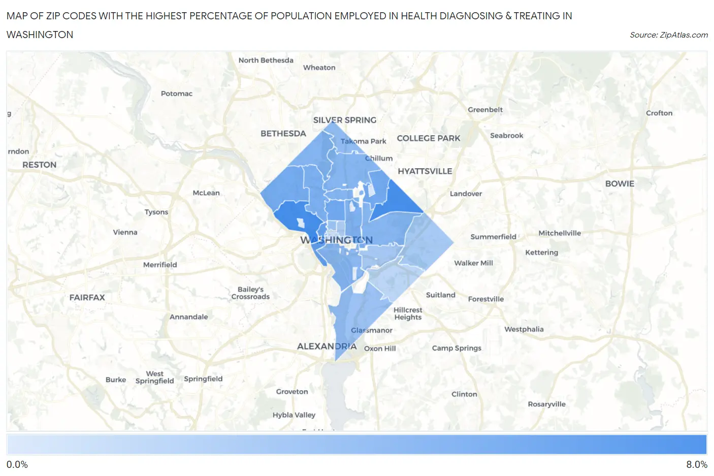 Zip Codes with the Highest Percentage of Population Employed in Health Diagnosing & Treating in Washington Map