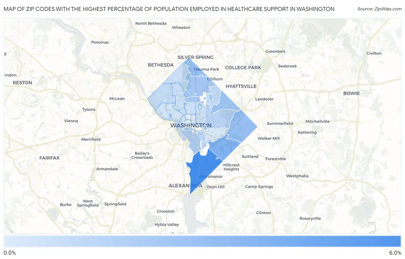 Zip Codes with the Highest Percentage of Population Employed in Healthcare Support in Washington Map