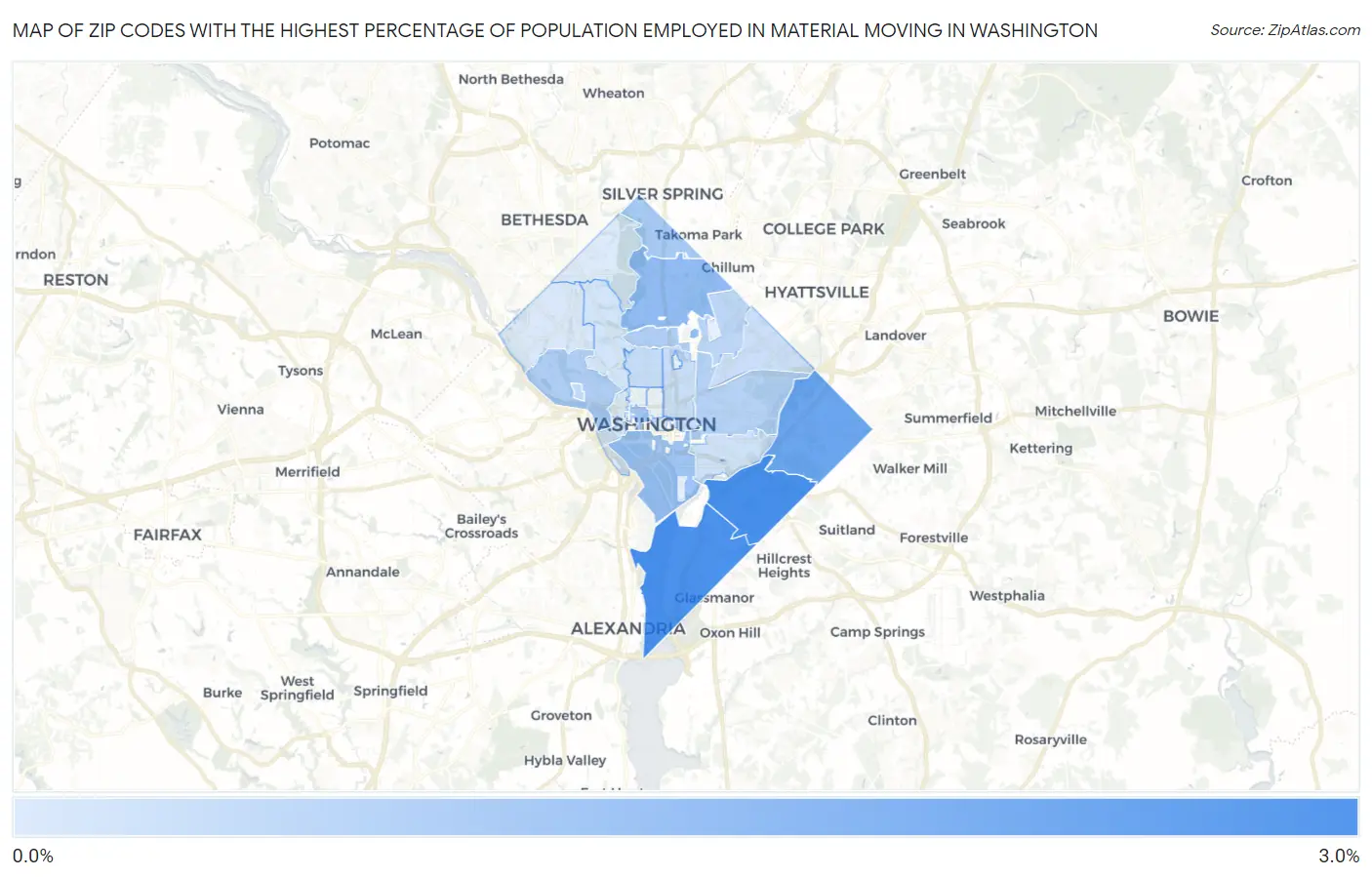 Zip Codes with the Highest Percentage of Population Employed in Material Moving in Washington Map