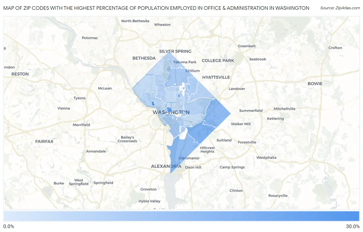 Zip Codes with the Highest Percentage of Population Employed in Office & Administration in Washington Map