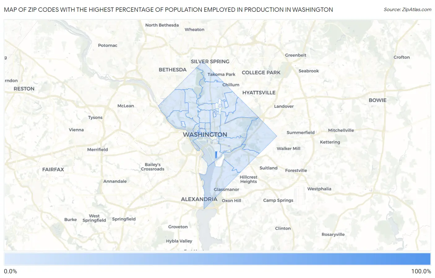 Zip Codes with the Highest Percentage of Population Employed in Production in Washington Map