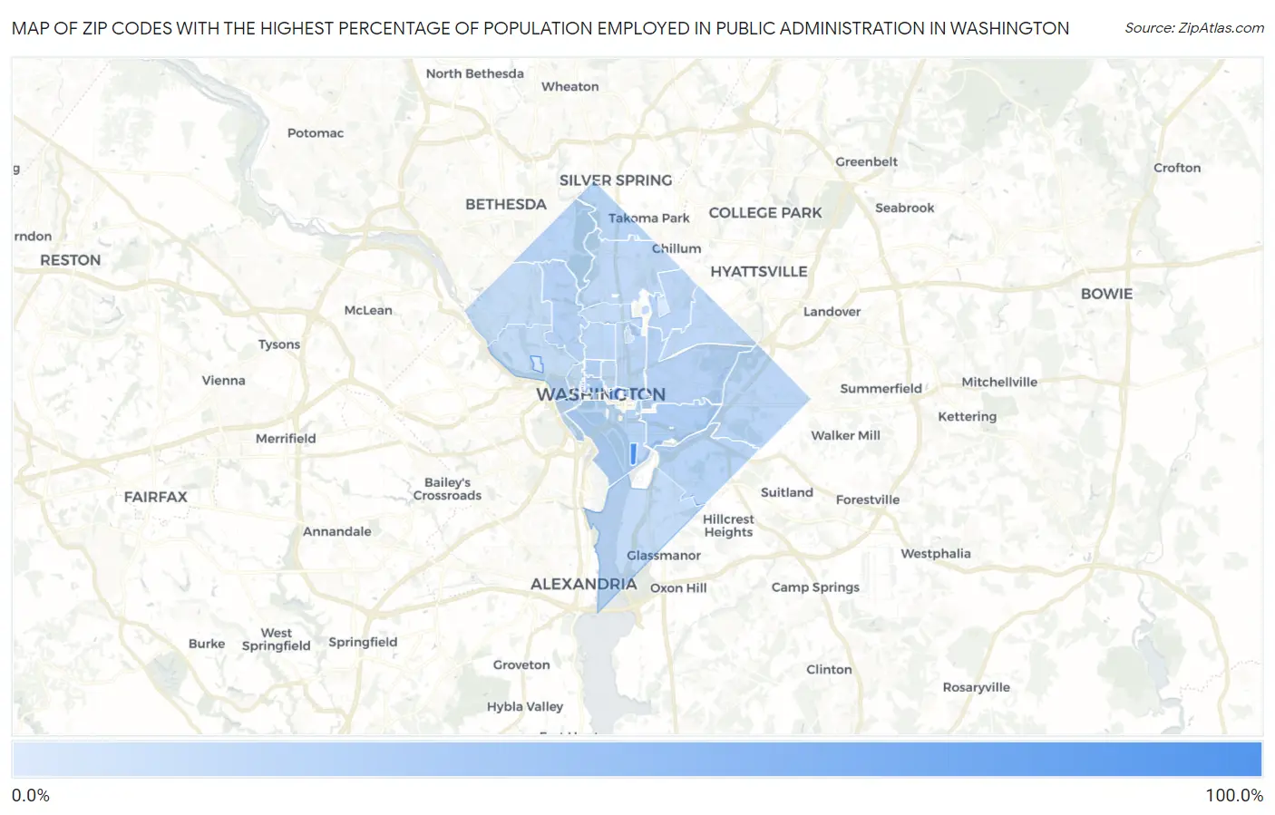 Zip Codes with the Highest Percentage of Population Employed in Public Administration in Washington Map