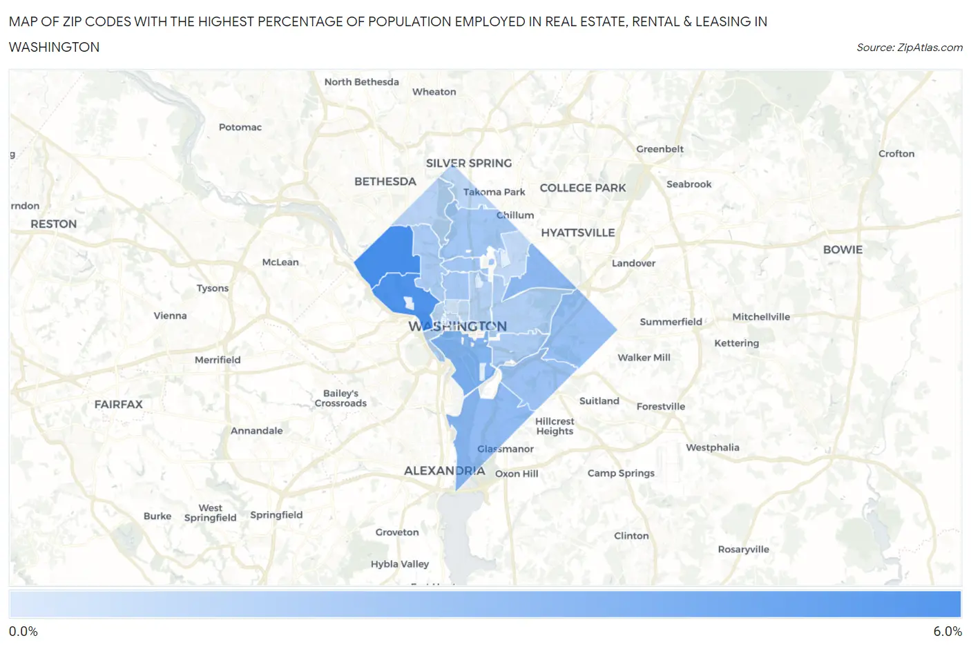 Zip Codes with the Highest Percentage of Population Employed in Real Estate, Rental & Leasing in Washington Map