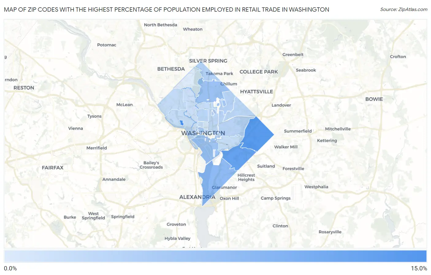 Zip Codes with the Highest Percentage of Population Employed in Retail Trade in Washington Map