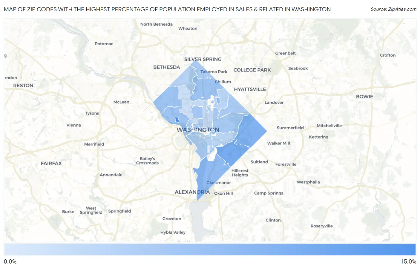 Zip Codes with the Highest Percentage of Population Employed in Sales & Related in Washington Map