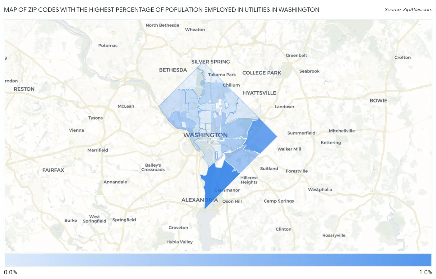 Zip Codes with the Highest Percentage of Population Employed in Utilities in Washington Map