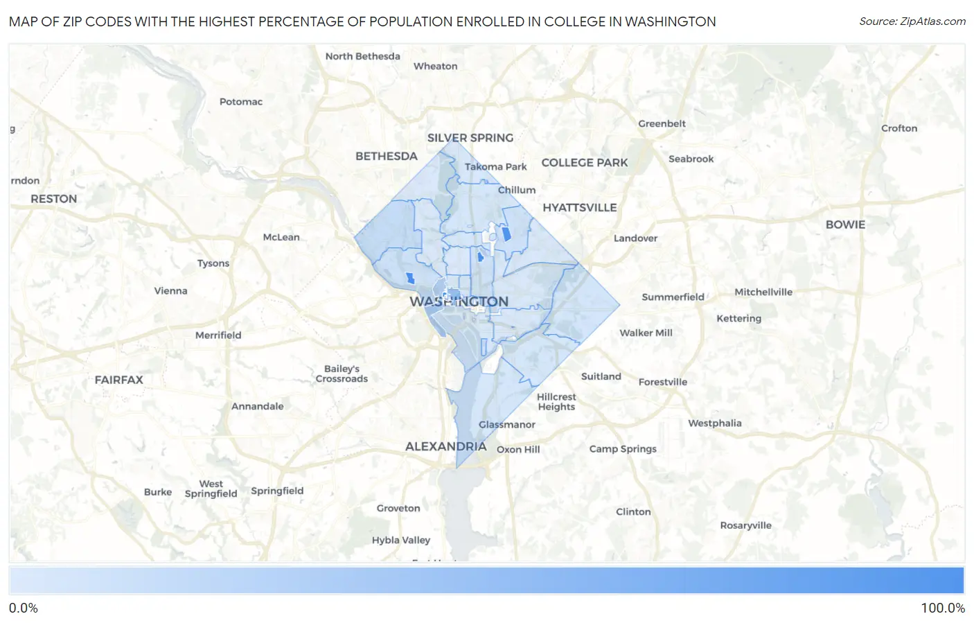 Zip Codes with the Highest Percentage of Population Enrolled in College in Washington Map