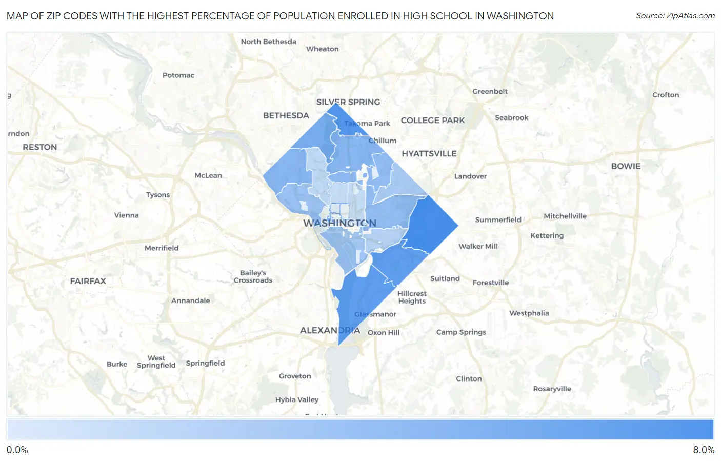 Zip Codes with the Highest Percentage of Population Enrolled in High School in Washington Map