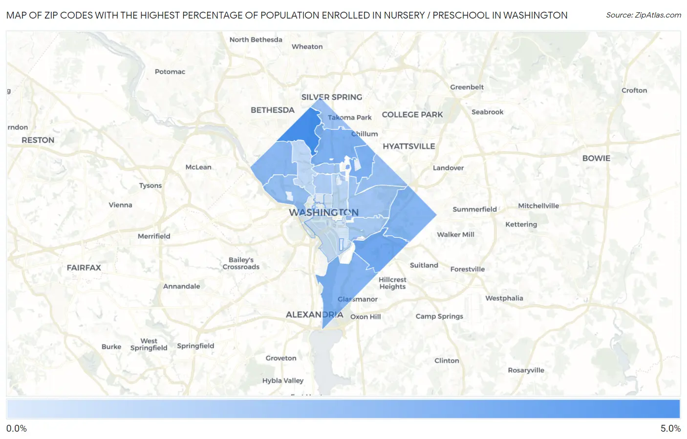 Zip Codes with the Highest Percentage of Population Enrolled in Nursery / Preschool in Washington Map
