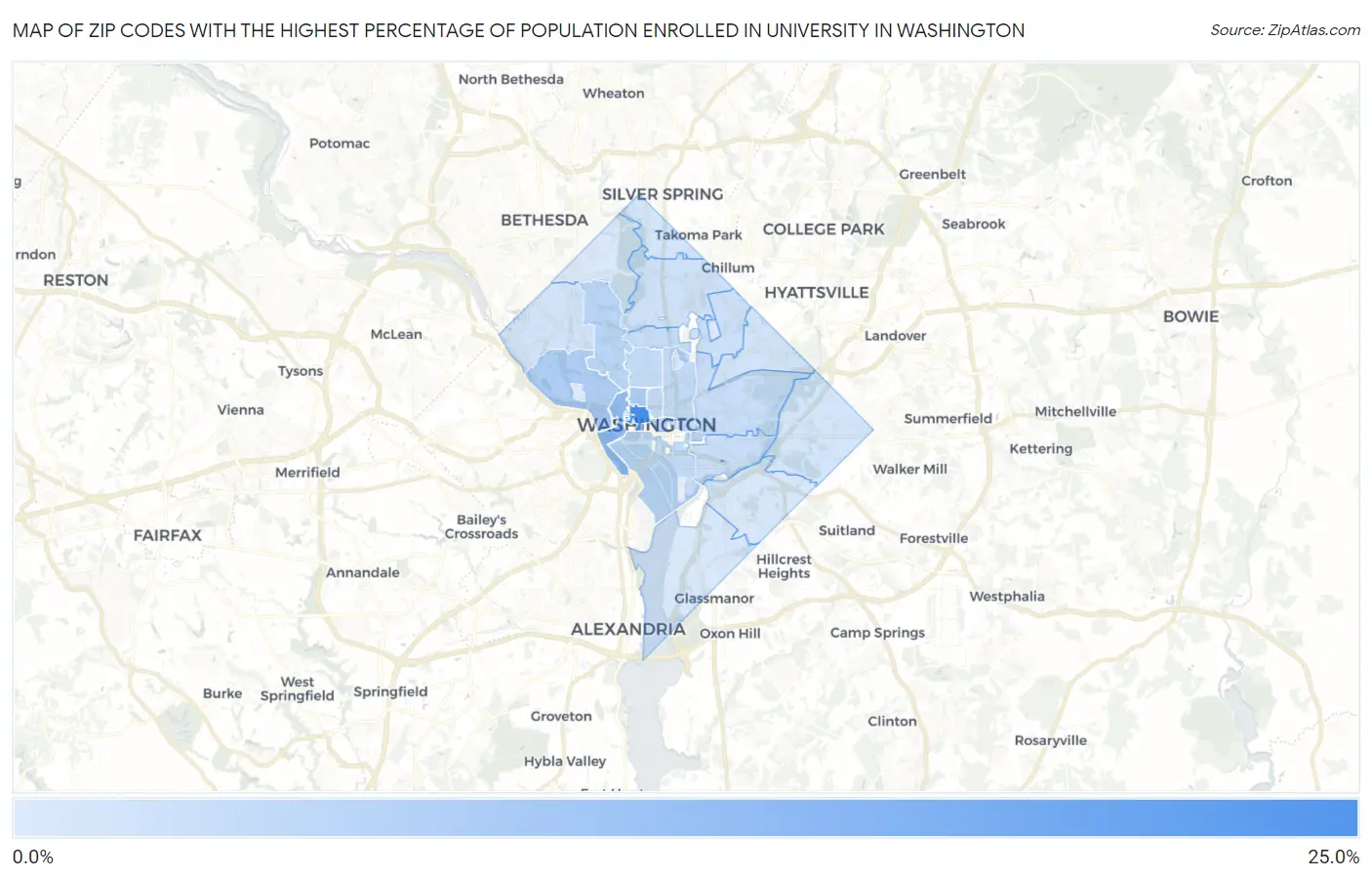 Zip Codes with the Highest Percentage of Population Enrolled in University in Washington Map