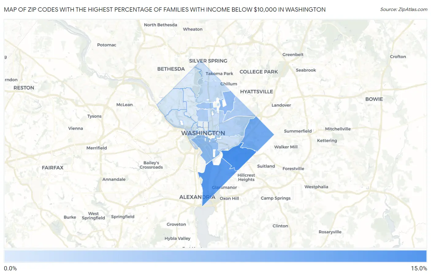 Zip Codes with the Highest Percentage of Families with Income Below $10,000 in Washington Map