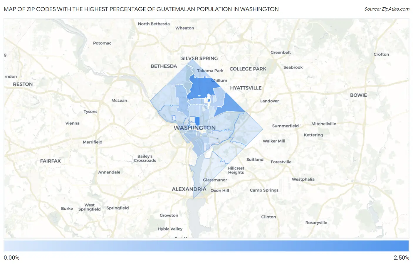 Zip Codes with the Highest Percentage of Guatemalan Population in Washington Map