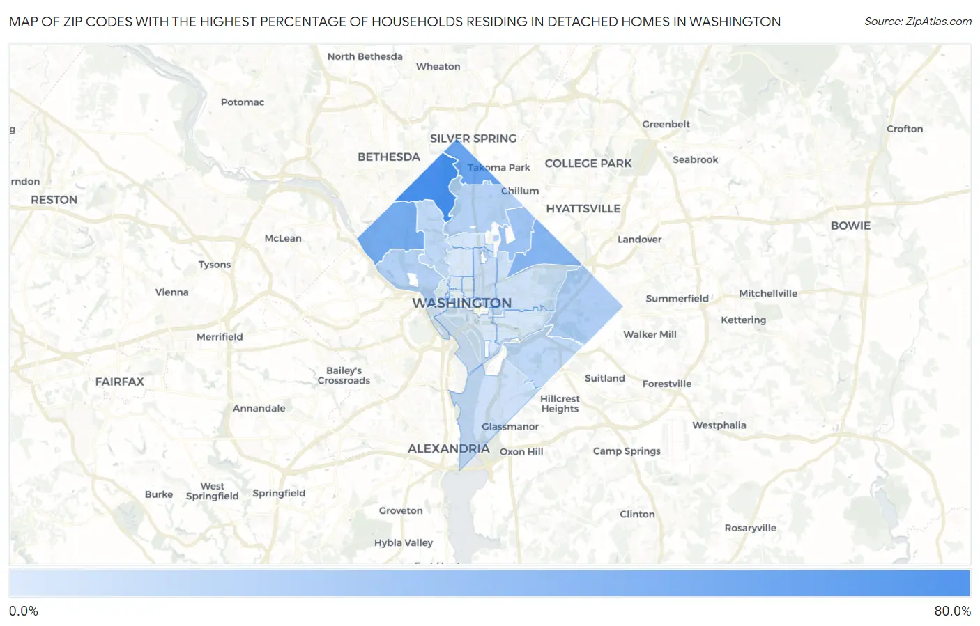 Zip Codes with the Highest Percentage of Households Residing in Detached Homes in Washington Map