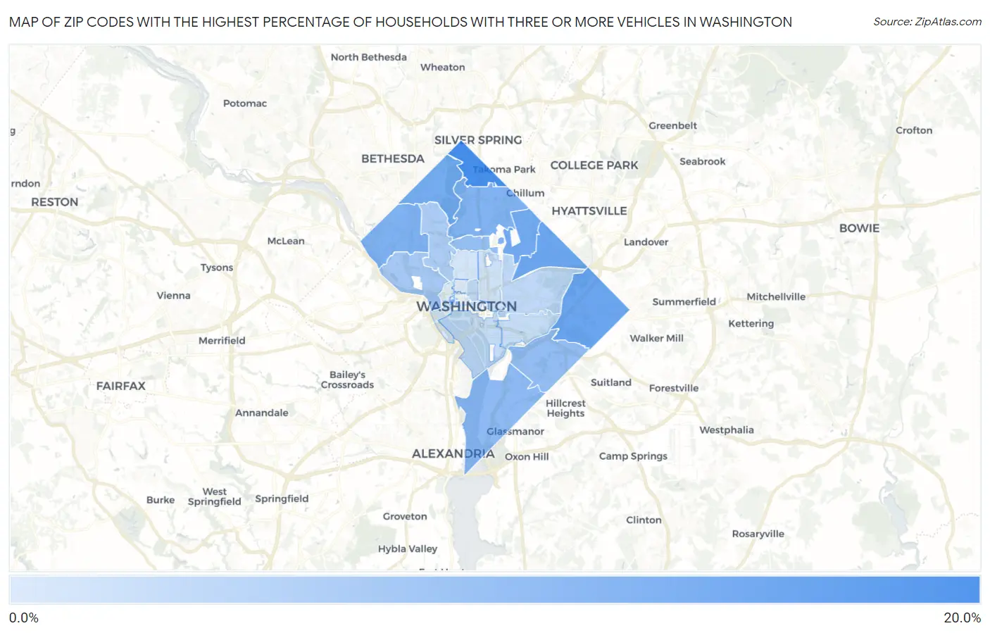 Zip Codes with the Highest Percentage of Households With Three or more Vehicles in Washington Map