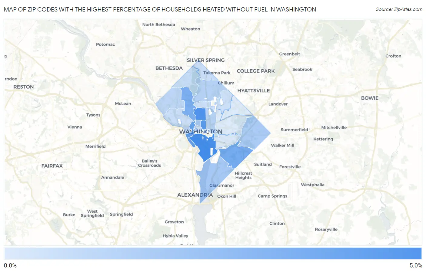Zip Codes with the Highest Percentage of Households Heated without Fuel in Washington Map