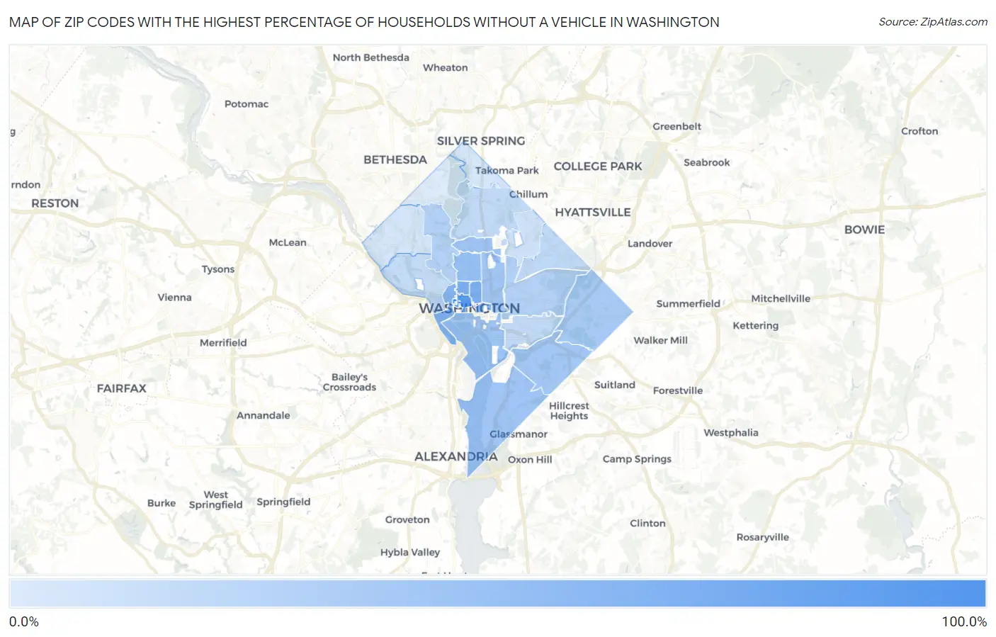 Zip Codes with the Highest Percentage of Households Without a Vehicle in Washington Map