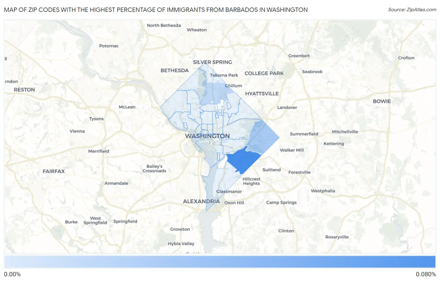 Zip Codes with the Highest Percentage of Immigrants from Barbados in Washington Map