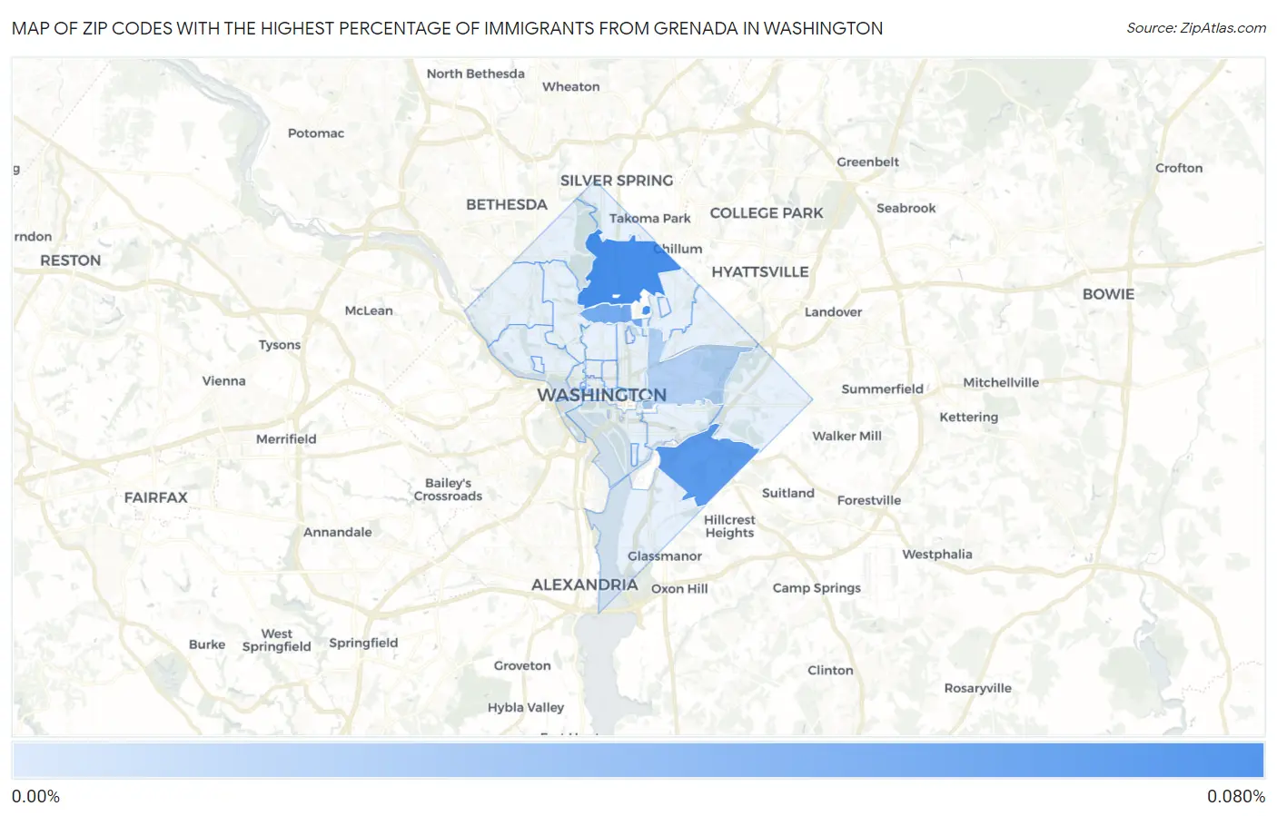 Zip Codes with the Highest Percentage of Immigrants from Grenada in Washington Map